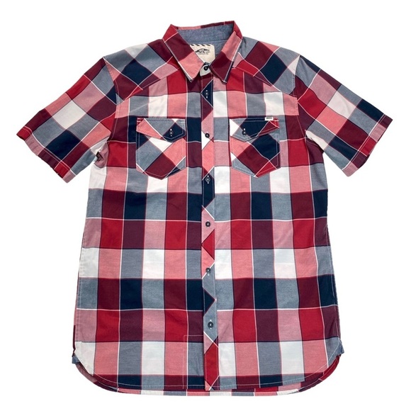 VANS Window Plaid Cotton Short Sleeve Button Up Shirt in Red With Blue Size XL - Picture 7 of 8